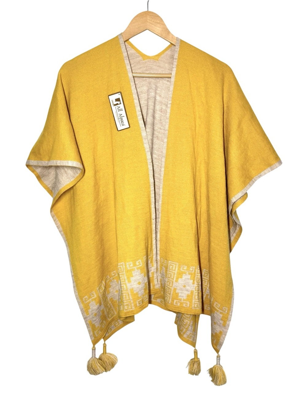 ALL ALPACA Baby Alpaca Sweater Poncho Shawl Yellow Aztec Weatern Reversible New!